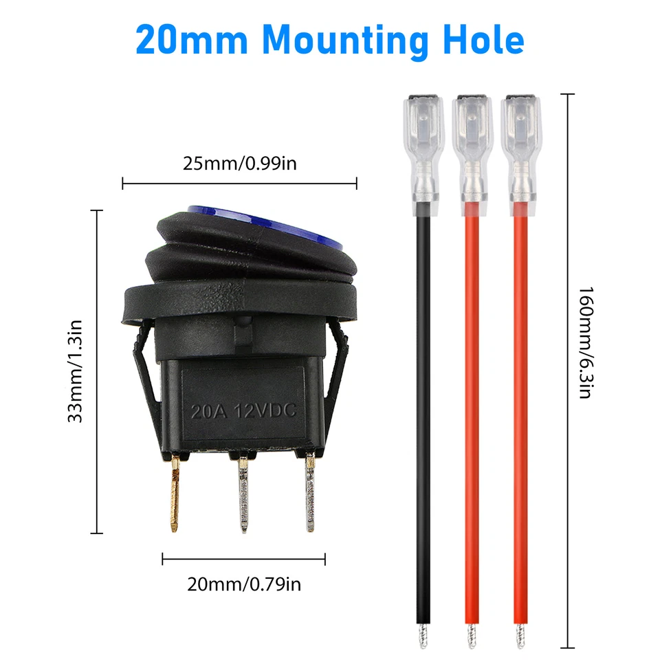 5Pcs Round Toggle Switch ON/OFF SPST Blue LED Light 12V Car Auto Boat Waterproof - Image 2 of 4