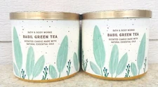 2 Bath & Body Works BASIL GREEN TEA 3-Wick Scented Candles 14.5oz LOT/SET of 2