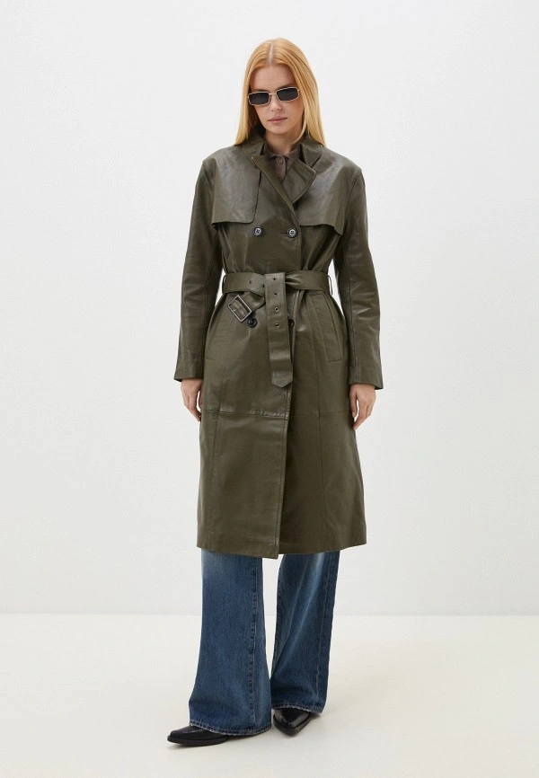 ★OLIVE DES OLIVE ★LEATHER RIBBON TRENCH TYPE DUCK DOWN Women's Double-Breasted Olive Green Genuine Leather Trench