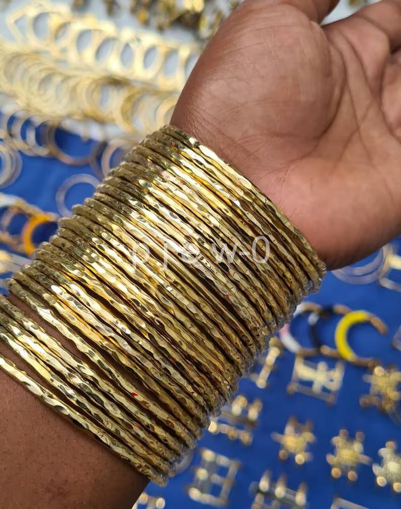 African Brass Bracelet, Set of 10 Hammered Stacking Brass Bangles