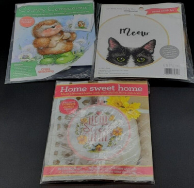 Lot 3 ADORABLE quick fast CROSS STITCH KIT Cat Hedgehog Card Home Sweet Dimensio