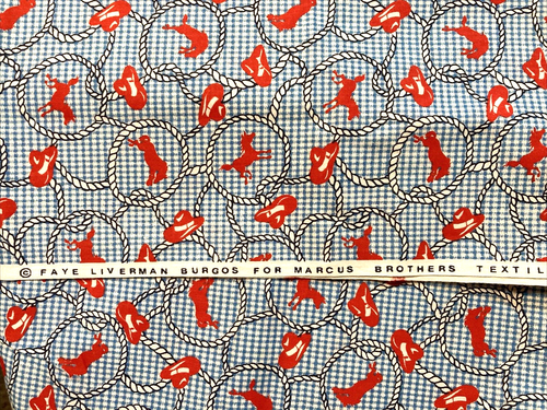 VTG Marcus Bros Fabric Red Cowboy Hats Horses Rope on Blue Gingham F Burgos 3/4Y - Picture 3 of 3