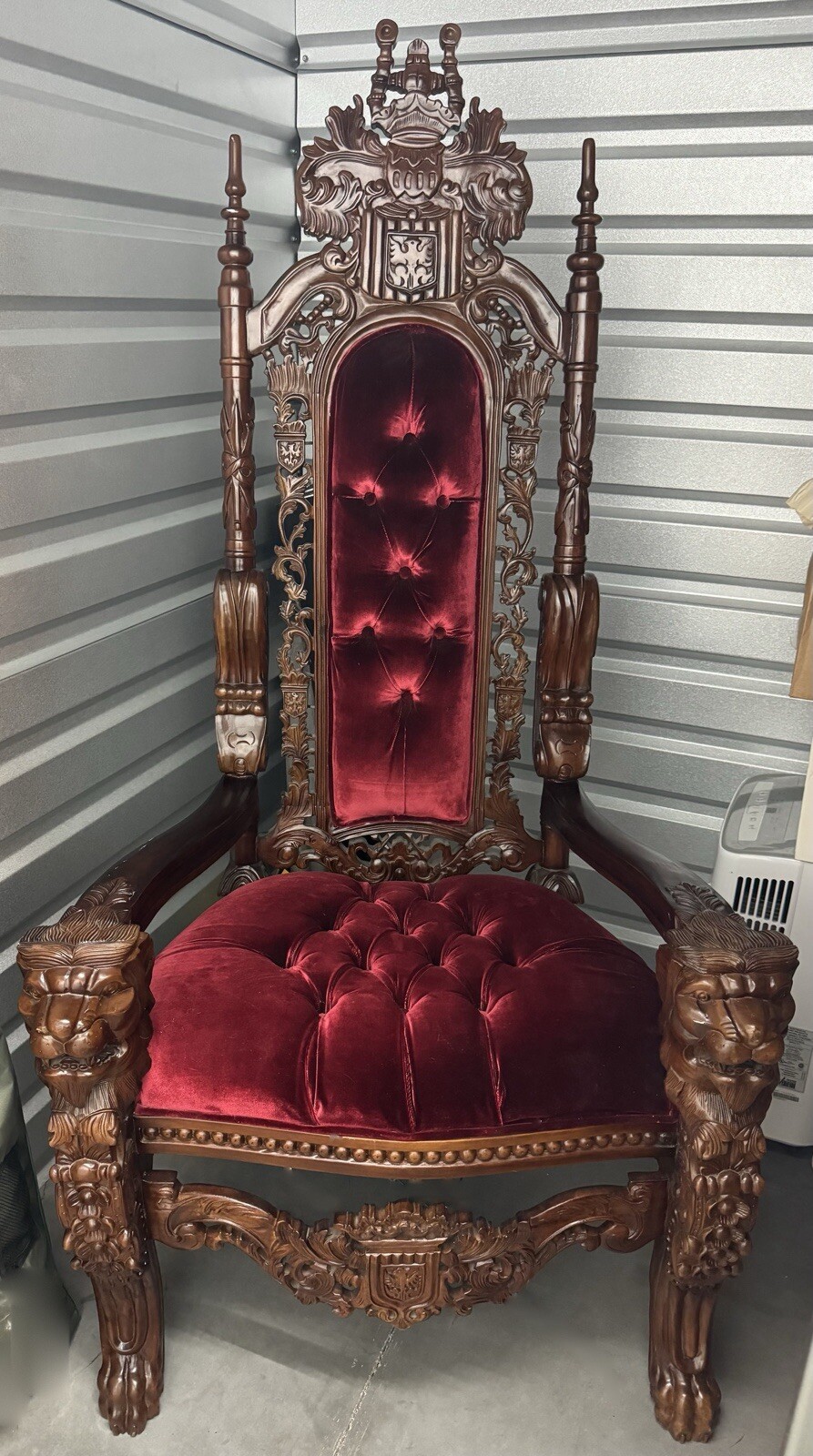 Antique King, Lion Throne Chair, Antique, burgundy leather, mahogany wood