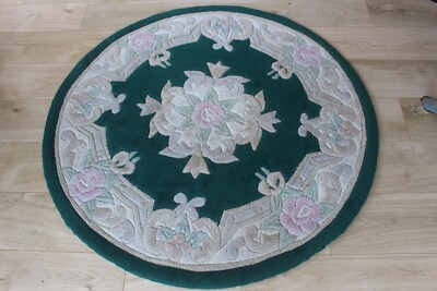 Chinesischer Wollteppich Rund Grün 120x120 cm Handarbeit Carpet Floral Vintage Dick