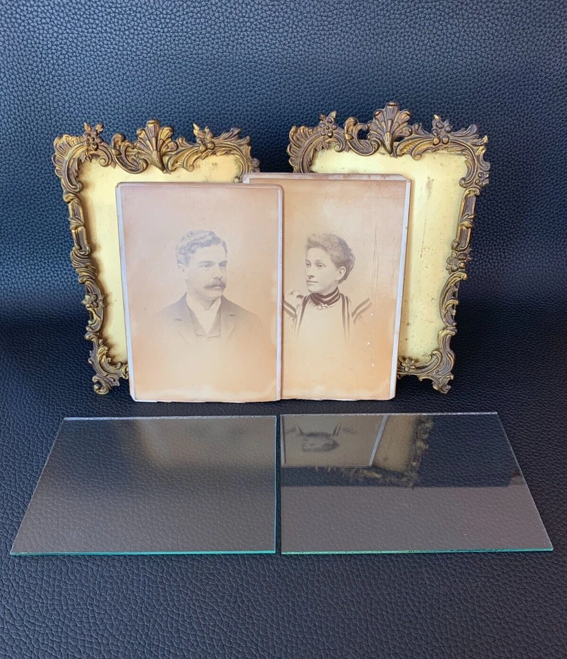 Antique French Gilt Embossed Brass Photo Picture Frame Easel Back Glass Front x2 - Image 2 of 4
