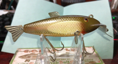 VINTAGE CREEK CHUB FIN TAIL SHINER FISHING LURE METAL FIN & TAIL WOOD GLASS EYES