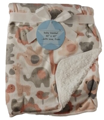 Arkwright LLC Mink/Sherpa Baby Blanket Pink Gray with Animals