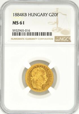 1884 KB Hungary 20 Franc 8 Forint Gold Coin NGC MS61 KM# 467 Franz