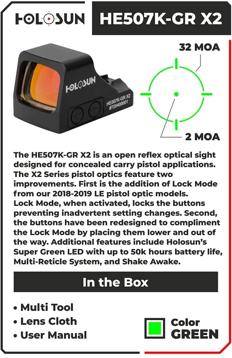 Holosun HE507K-GR X2 Elite Open Reflex Multi-Reticle Green Dot