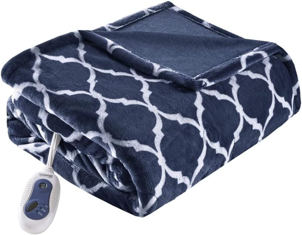 Ogee Printed Plush Electric Blanket for Cold Weather, Fast Heating, Auto Shut Of