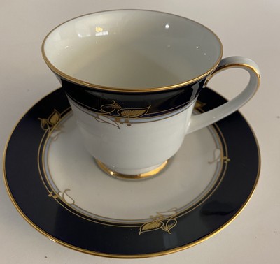 Noritake Legacy Rangoon ~ Cup & Saucer~ White / Cobalt Blue / Gold Rim ~ 4 Sets