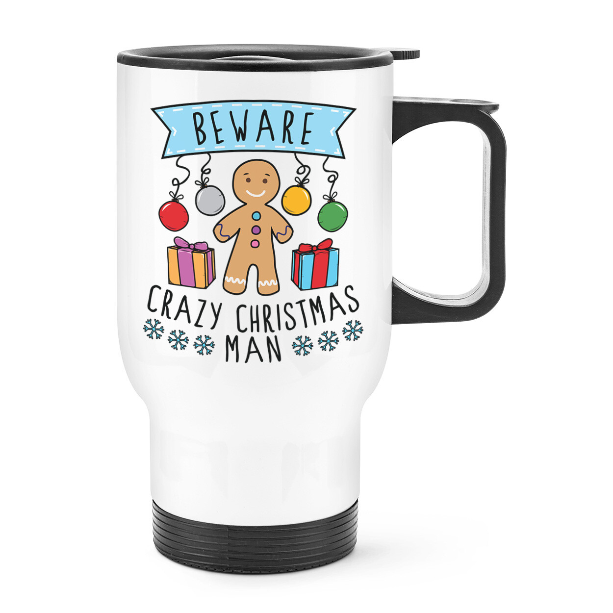 Beware Crazy Christmas Man Travel Mug Cup With Handle - Funny Joke Secret Santa