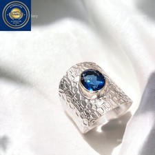 Sterling Silver London Blue Topaz Stone Vintage Wedding Band Bezel Ring Size 8