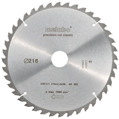 Metabo 628060000 Kreissägeblatt HW/CT 216x2,4x30 mm 40 WZ 5°neg. classic