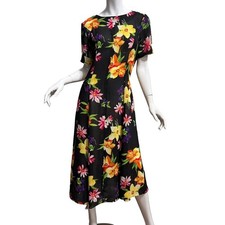 Vintage Handmade Sheer Black Floral Midi Dress Garden Party Spring Summer Resort