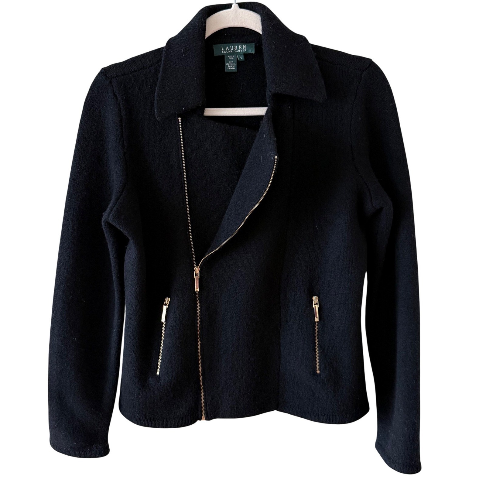 Lauren Ralph Lauren Moto Jacket Lambswool Black Gold Zip Collared Women's S