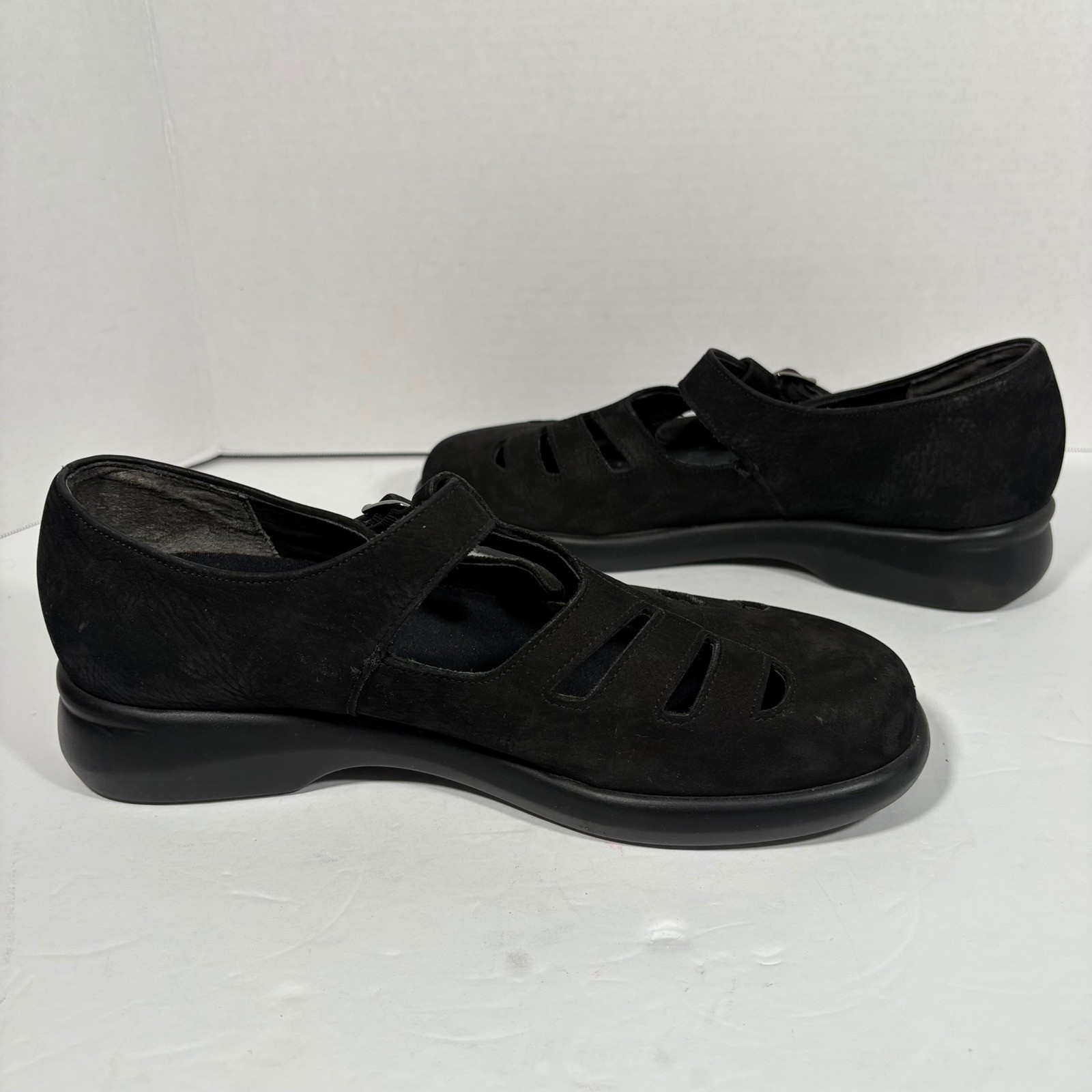 Munro black Mary Jane's loafers buckle closure 2" wedge cut outs comfort