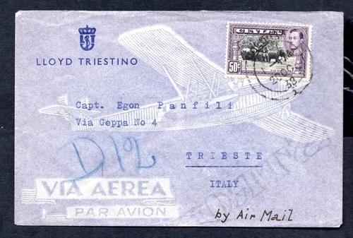 Ceylon - 1938 KGVI Illustrated Airmail Cover to Trieste, Italy