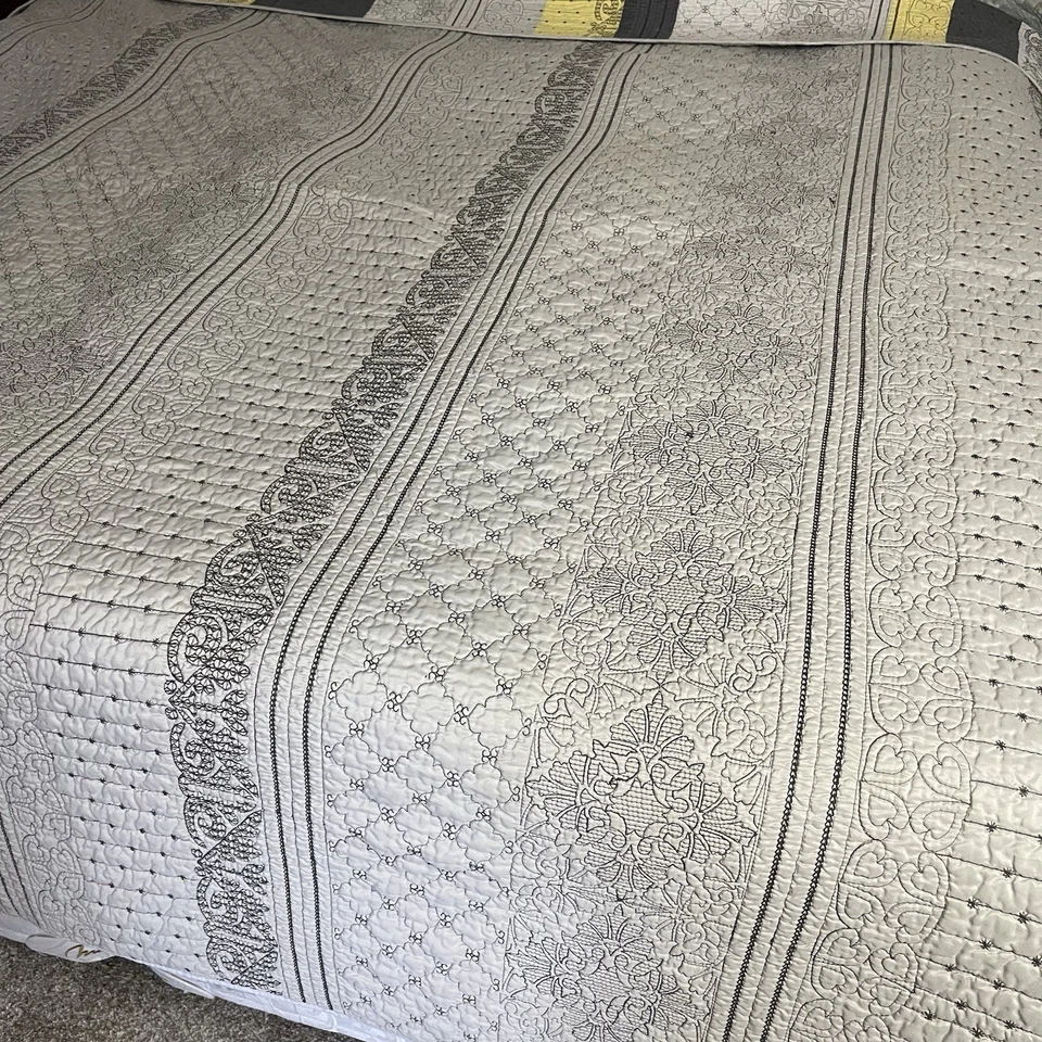 Better Homes Quilt Coverlet Queen Size Gray Yellow Black Stripe Reversible 88x98 - Image 2 of 4