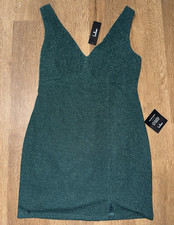 Lulus Green Glitter V-Neck Sleeveless Bodycon Lined Mini Dress Women L