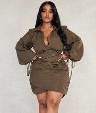 Size 16 PLUS KHAKI PLUNGE RUCHED TIE CUFF SHIRT BODYCON DRESS