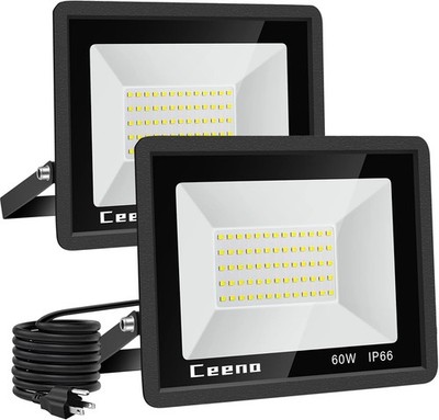 2 Pack LED Flood Light 60W, 6000lm, IP66 Waterproof 6000K for Garage, Yard