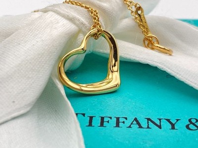Tiffany & Co. Gold 14.5mm Open Heart Pendant Necklace 16'' 2.4g Elsa Peretti