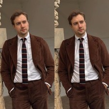 Vintage Brown Corduroy Men Suits Relager Fit Blazers Pant 2 Pieces Tuxedos