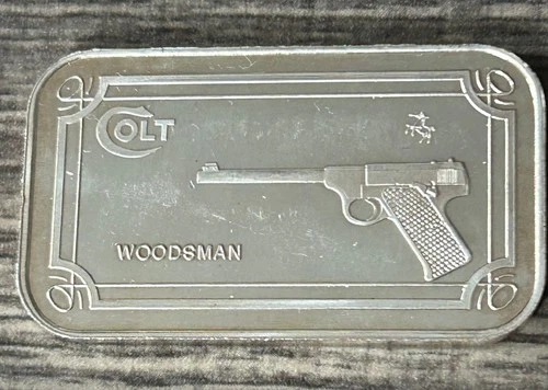 COLT WOODSMAN REVOLVER SILVER ART BAR - 1 OZ .999 FINE SILVER