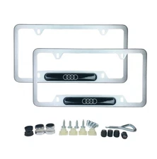New 2x Pcs Silver License Plate Frame For -Audi- Rings Logo With Tire Stem Caps