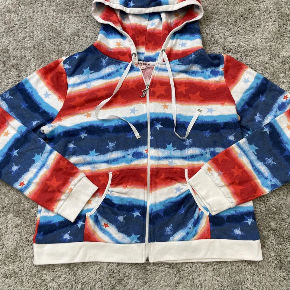 Juicy Couture Hoodie Womens XL Red White Blue Star Zip Up Sweatshirt Jacket USA - Image 2 of 4