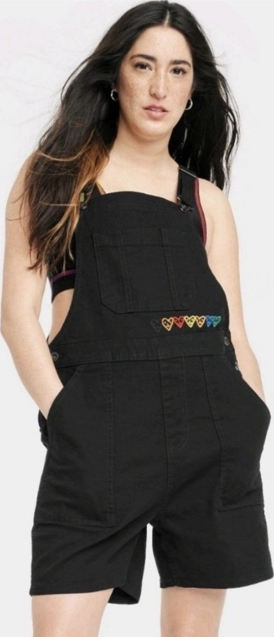 Target Women’s S Black Denim Overall Shortalls Rainbow Heart Pride Pockets Small