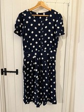 Choices Vintage-Style Navy Blue Dress White Polka Dots and Short Sleeves UK 14 .