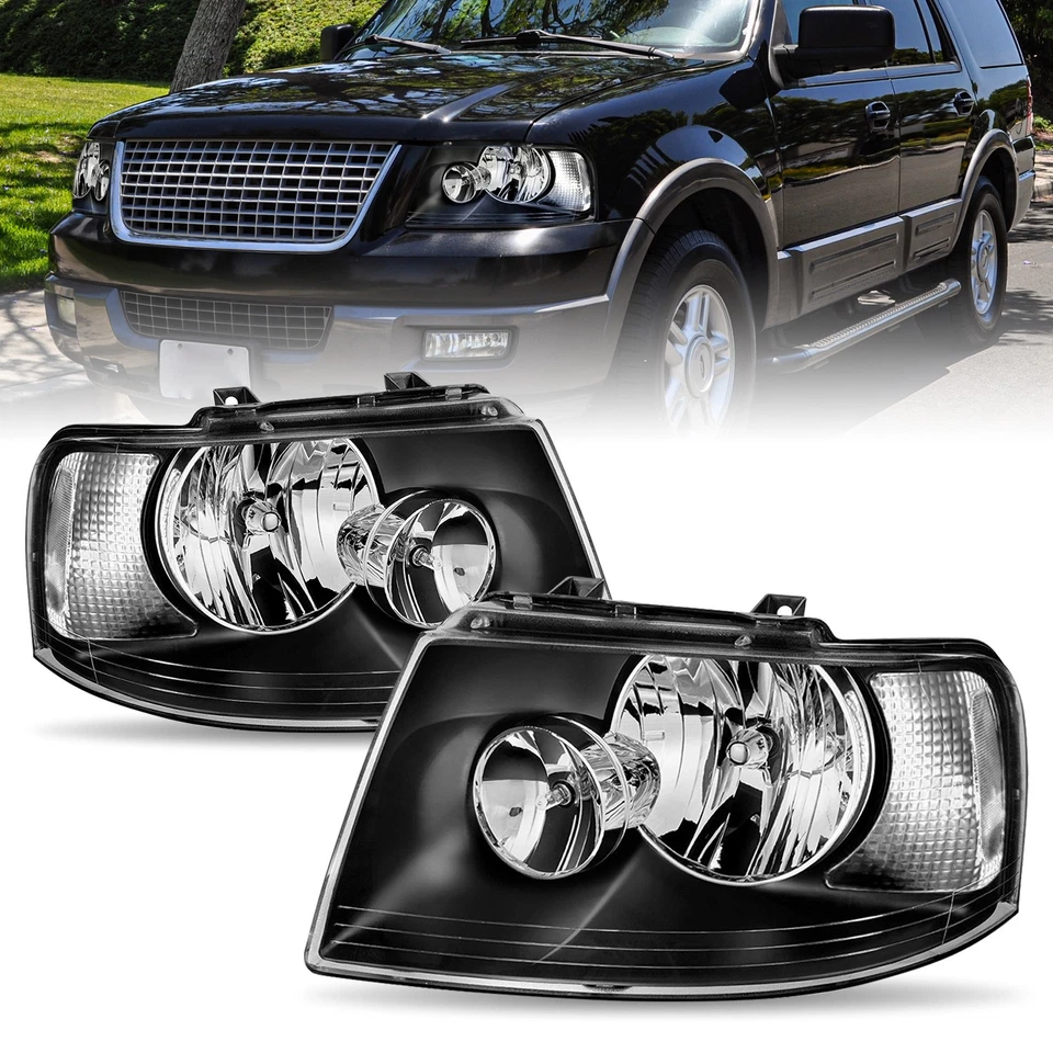 Par de montaje de faros transparentes negros con bombillas para Ford Expedition 2003-2006 Foto 2 de 4