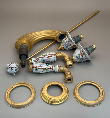 Sherle Wagner Hand Painted Floral Porcelain & 24K Gold Plated faucet & Fixtures