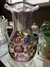 Fenton Amethyst Purple Multicolor Hand Painted Floral Art Glass Decorative Vase