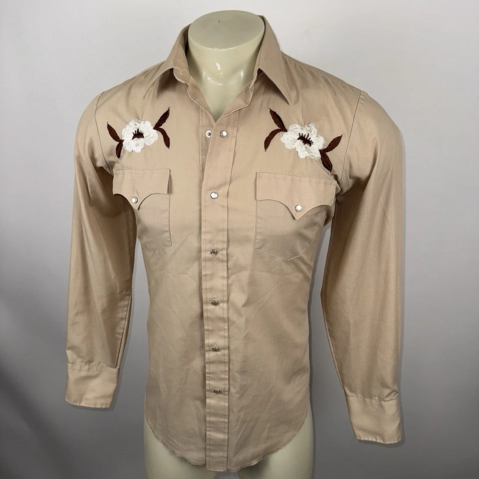 Camisa a Presión Vintage Años 70 Perla Chute #1 Rockabilly Cosida Bordado Yugo Hombres Mediana Foto 4 de 4