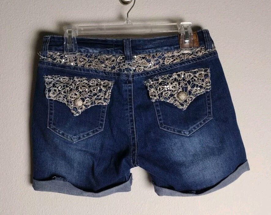 Sequin Embellish Denim Shorts Love Indigo Champagne Embroidered