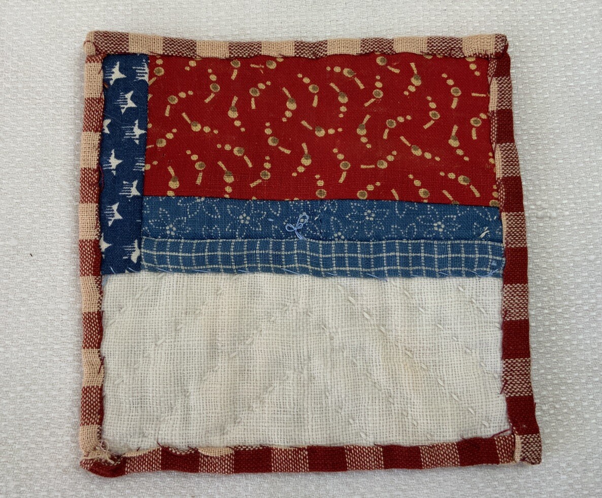 Antique Vintage Patchwork Small Quilt Table Topper, Early Calico Print, Red Blue