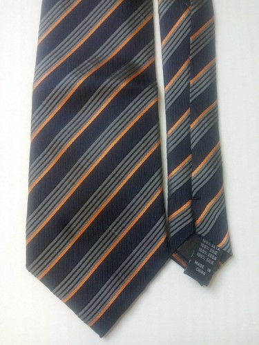 Mens Blue Gray Orange Stripe Silk Tie by Bergamo New York 50" x 3.25" - Picture 3 of 6