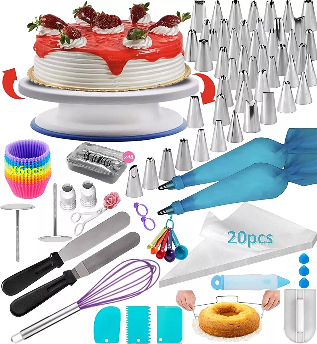 100PCS Cake Decorating Supplies Kit with Turntable,48 Icing Tips