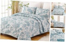 Botanical Quilt Set King Size, Blue 3 Pieces Toile Floral Queen Light Blue