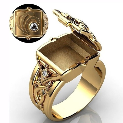 Luxury Men's 18K Gold Cubic Zirconia Rings Secret Small Room Coffin Ring Sz 6-13
