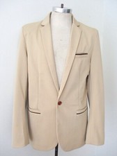 Vtg 70s Beige Pique Polyester Knit Disco Pimp Blazer Jacket Dark Brown Trim 42