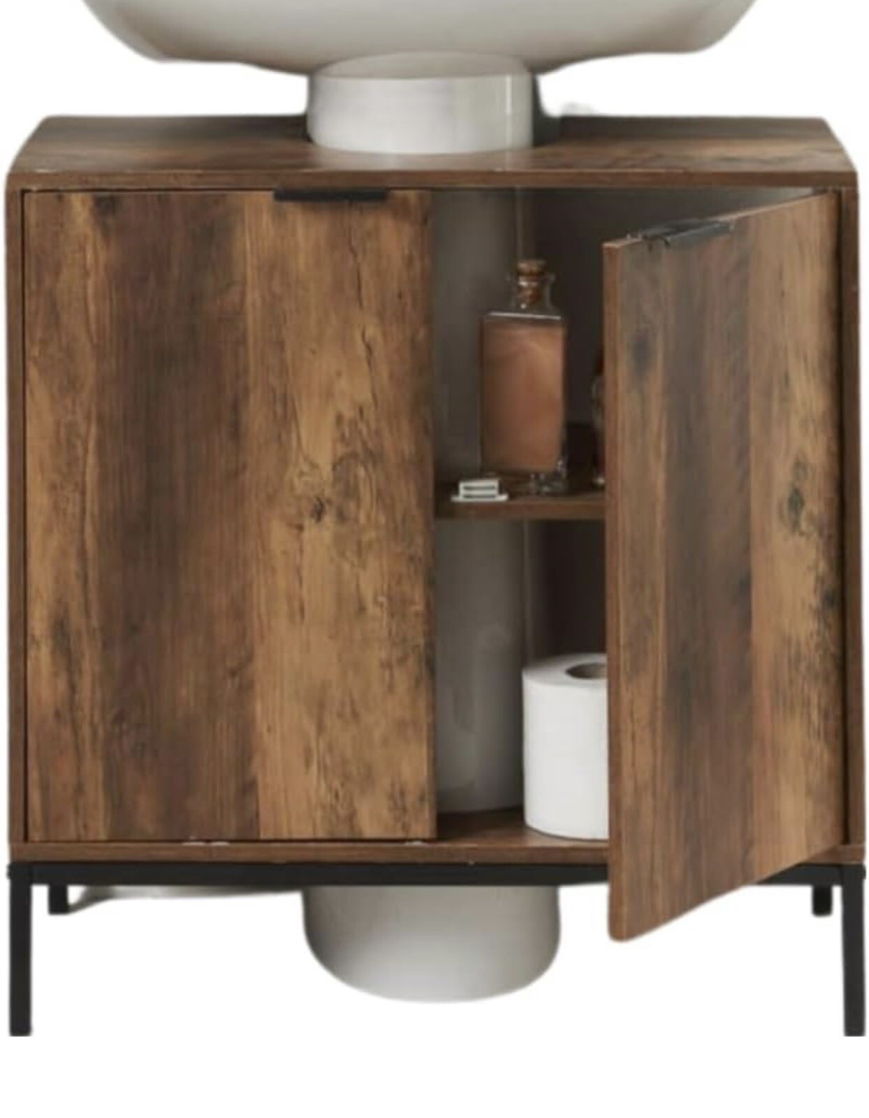Bathroom Under Sink Cabinet Grey Bamboo Wooden Storage Cupboard