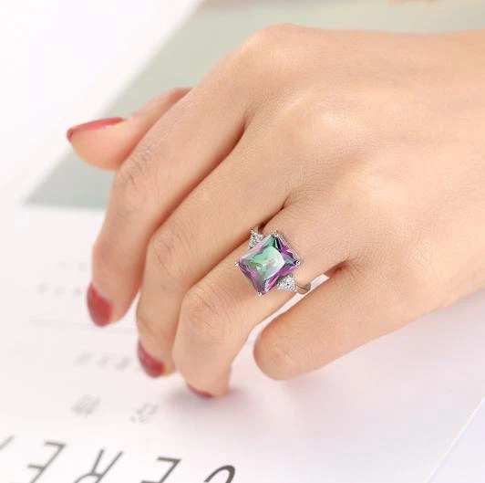 Anillos de plata gema circonita cúbica topacio místico cuadrado brillante talla 6-10 regalo de vacaciones Foto 2 de 4