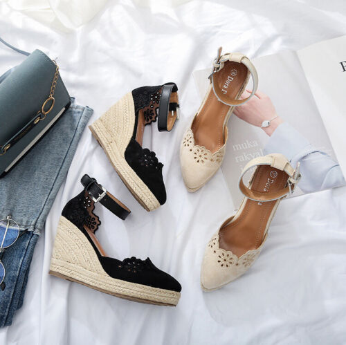 Alpargata De colección Cuñas Tacón Correa al tobillo D'orsay Gamuza Negro Beige Zapatos para Mujer - Imagen 2 de 32