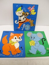 3 Vintage PLAYSKOOL Wooden Puzzles Cat Fiddle Moocher the Mouse Reddy Fox 70s