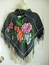 Scarf 100 Silk Black Hand Painted Stunning Florals Silk Fringe Unique 33"x33"