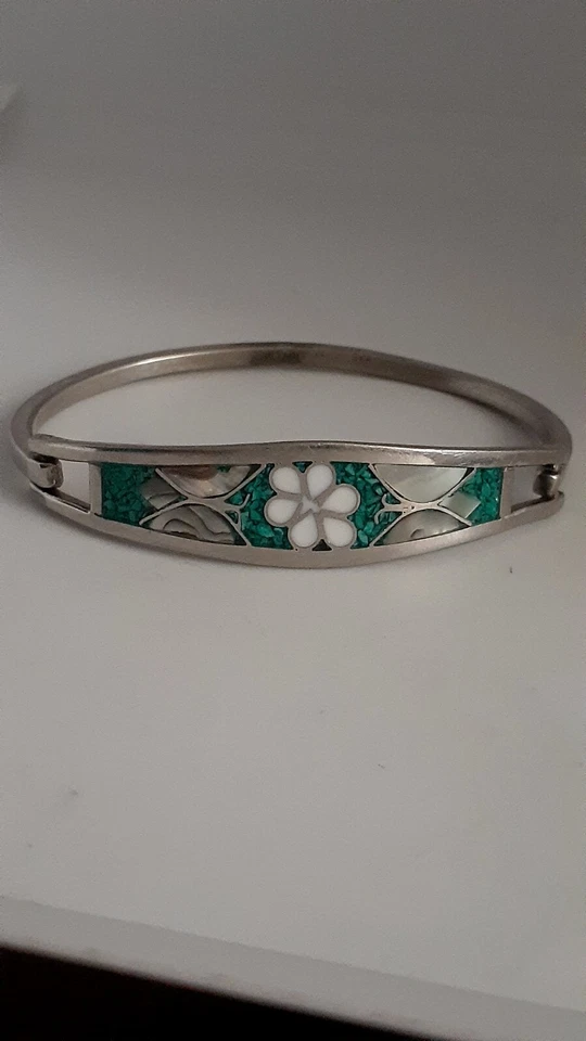 Vintage Mexico Alpaca Silver Hinged Bracelet Abalone Inlay Flower Butterfly  - Image 4 of 4